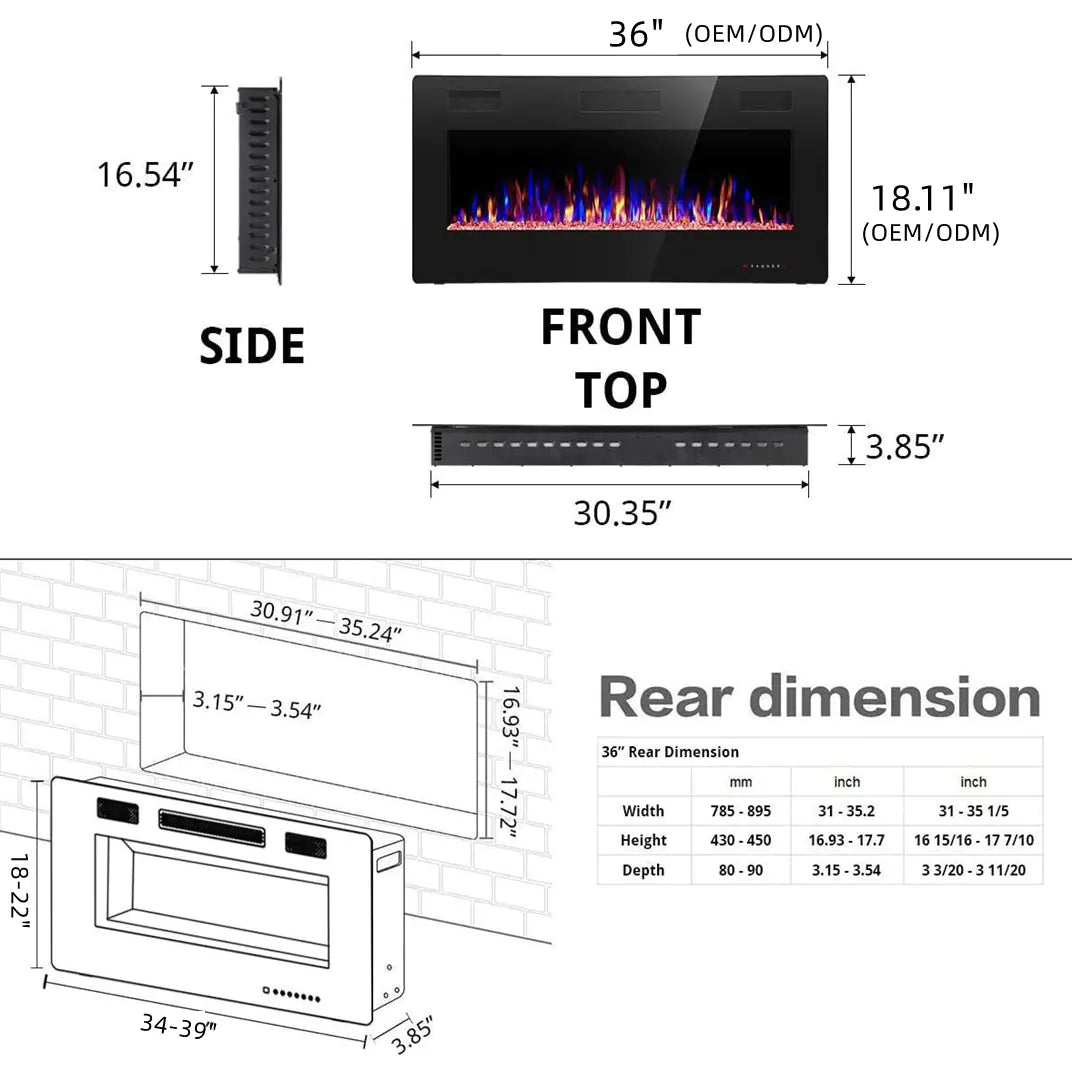 50-Inch Built-In Wall Fireplace with LED Flame Effect