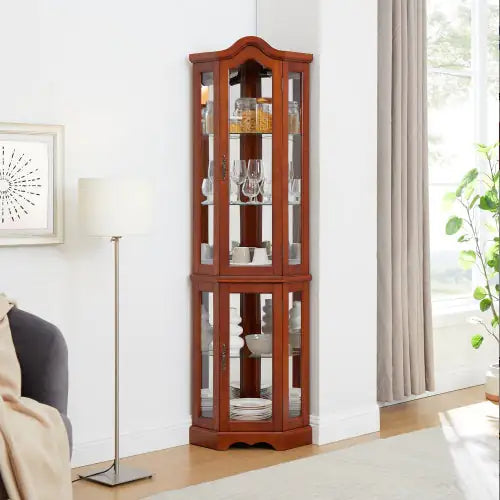 Corner Curio Cabinet With Lights, Adjustable Tempered Glass Shelves, Mirrored Back, Display Cabinet