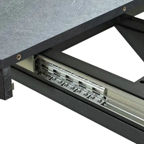 Retro Rectangular Stretch Dining Table,Dark Grey Stone Top And Black Relief Plate, Black Fine Sand Cross Iron Foot Base Dining Table, With Storage Box