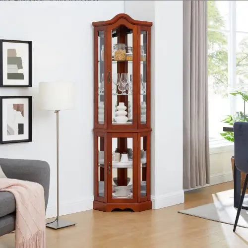 Corner Curio Cabinet With Lights, Adjustable Tempered Glass Shelves, Mirrored Back, Display Cabinet