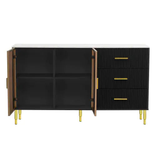 Modern Sideboard, Buffet Cabinet With Marble Sticker Top And Amber Tempered Glass Doors With Gold Metal Legs And Handles