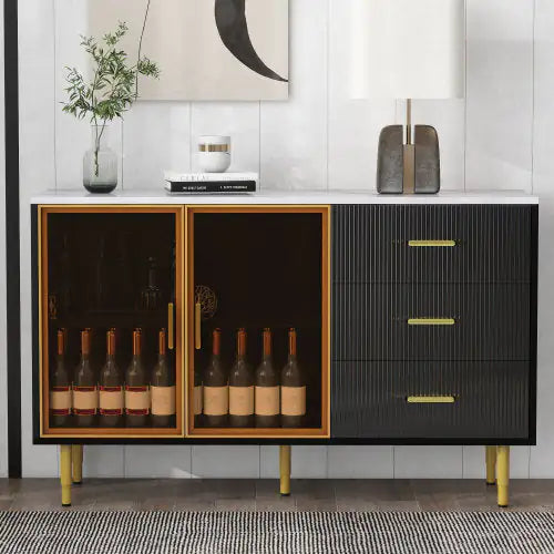 Modern Sideboard, Buffet Cabinet With Marble Sticker Top And Amber Tempered Glass Doors With Gold Metal Legs And Handles