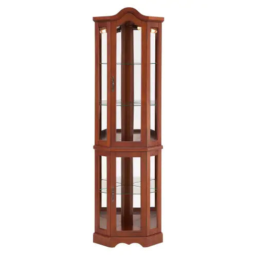 Corner Curio Cabinet With Lights, Adjustable Tempered Glass Shelves, Mirrored Back, Display Cabinet
