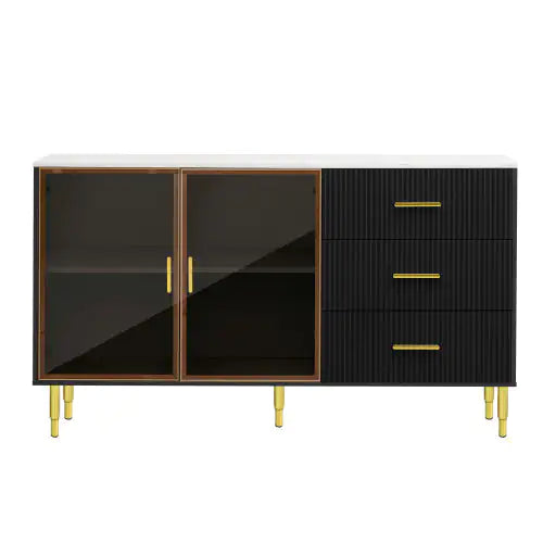 Modern Sideboard, Buffet Cabinet With Marble Sticker Top And Amber Tempered Glass Doors With Gold Metal Legs And Handles